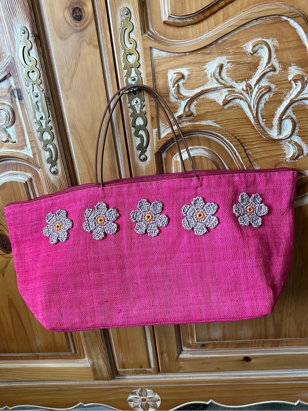 April Cornell/La Cache  Handcrafted Pink Floral Straw Summer Tote Bag, $35
